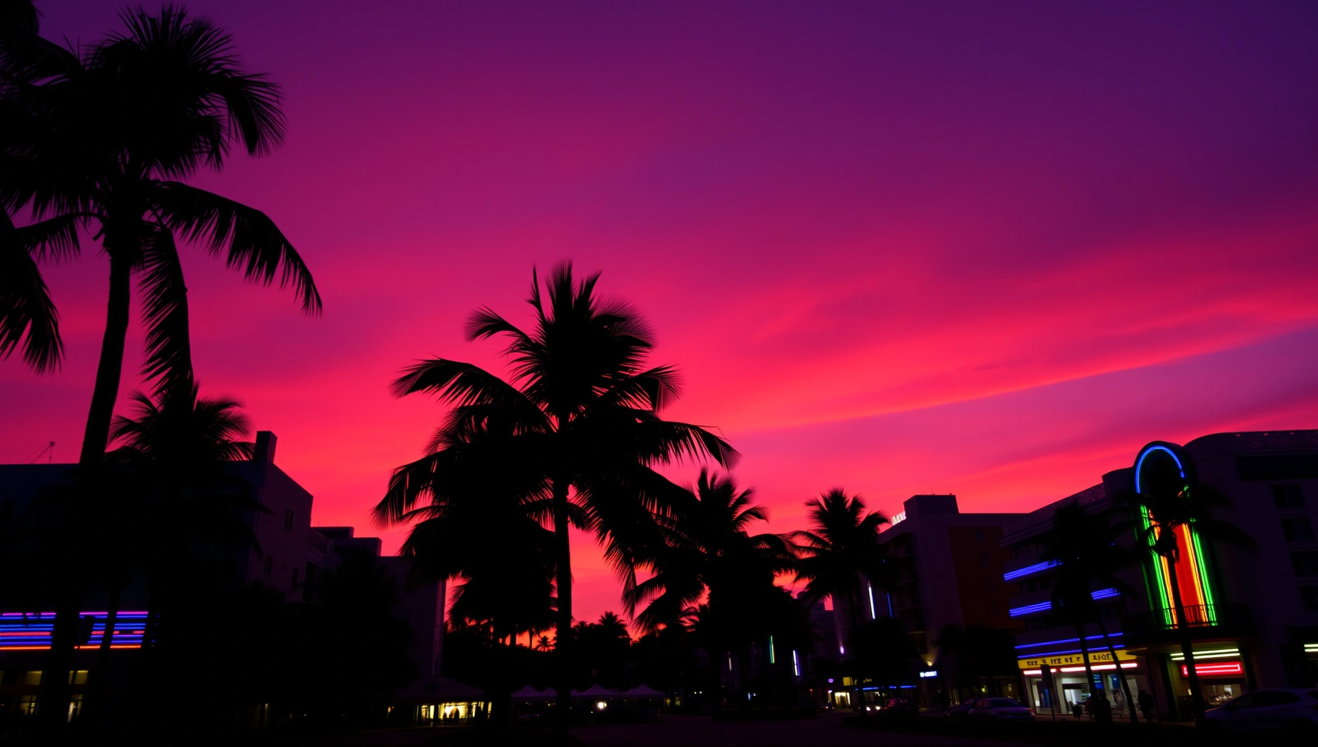 Miami South Beach sunset with palm trees and neon lights